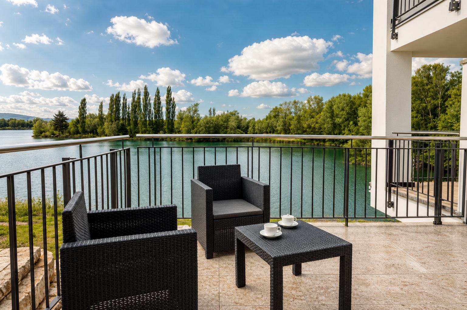 Heller Balkon mit Natursteinboden, Sitzbereich und Blick ins Grüne